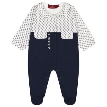 Baby Boys White & Navy Blue Logo Babygrow
