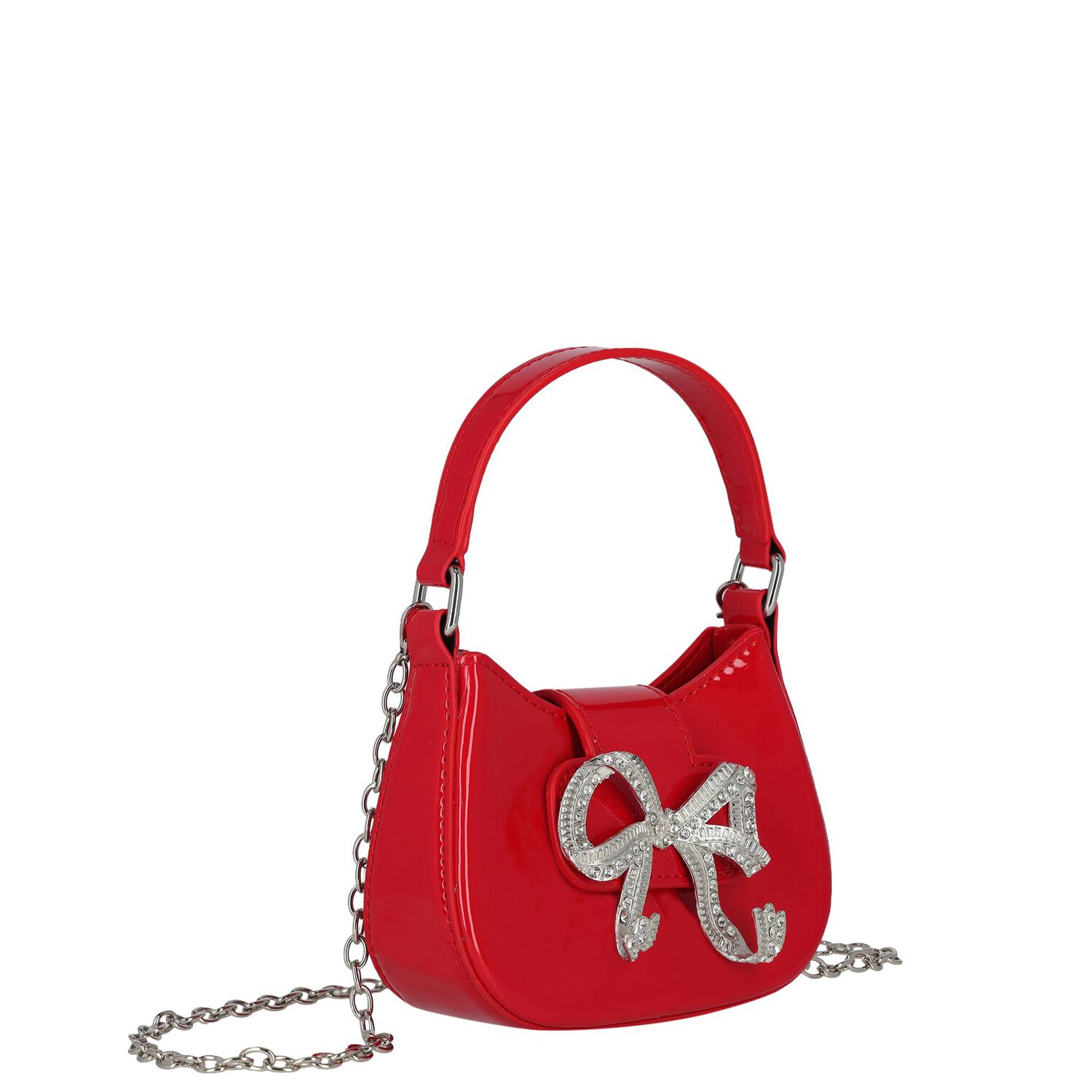 Girls Metallic Red Diamante Bow Handbag ( 16CM ), 2, hi-res