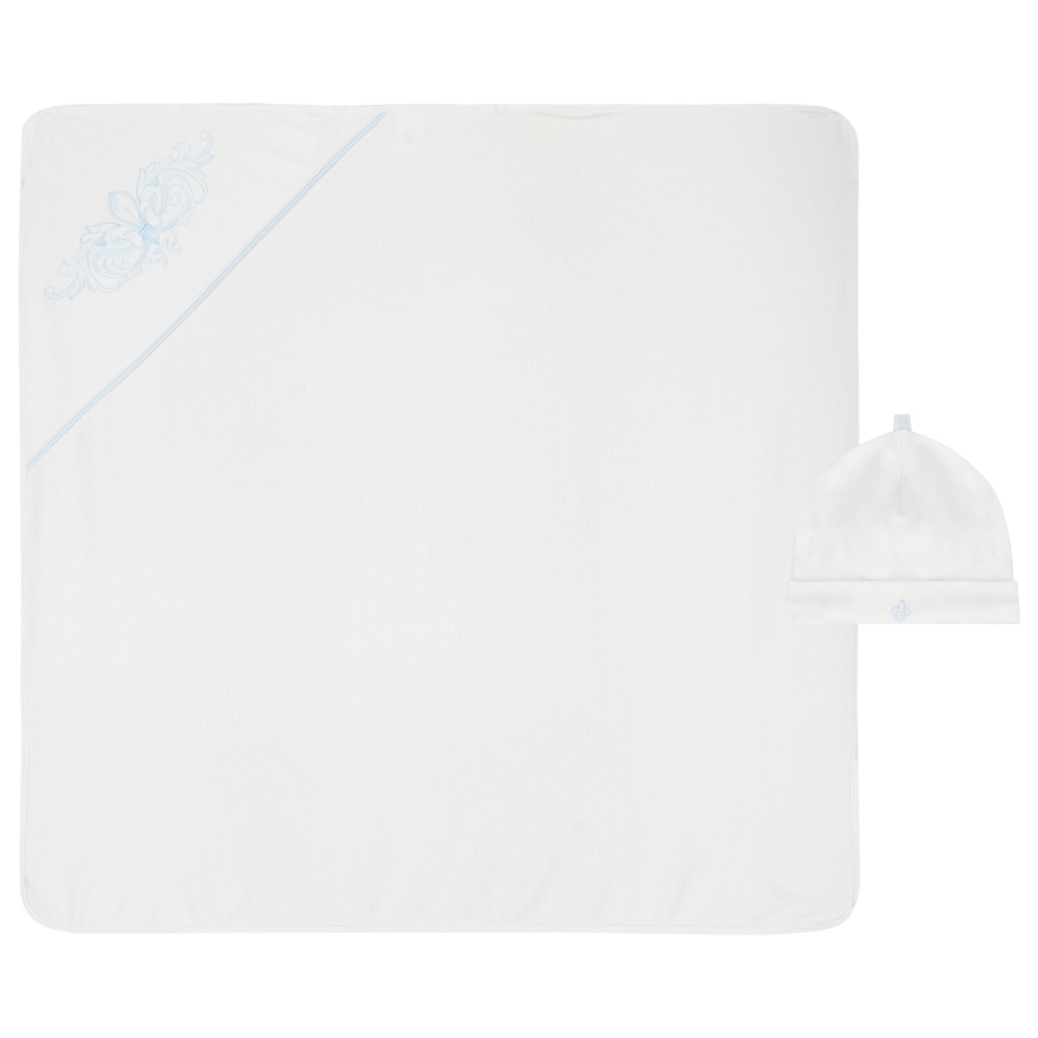 Baby Boys White & Blue Embroidered Blanket & Hat Set, 1, hi-res
