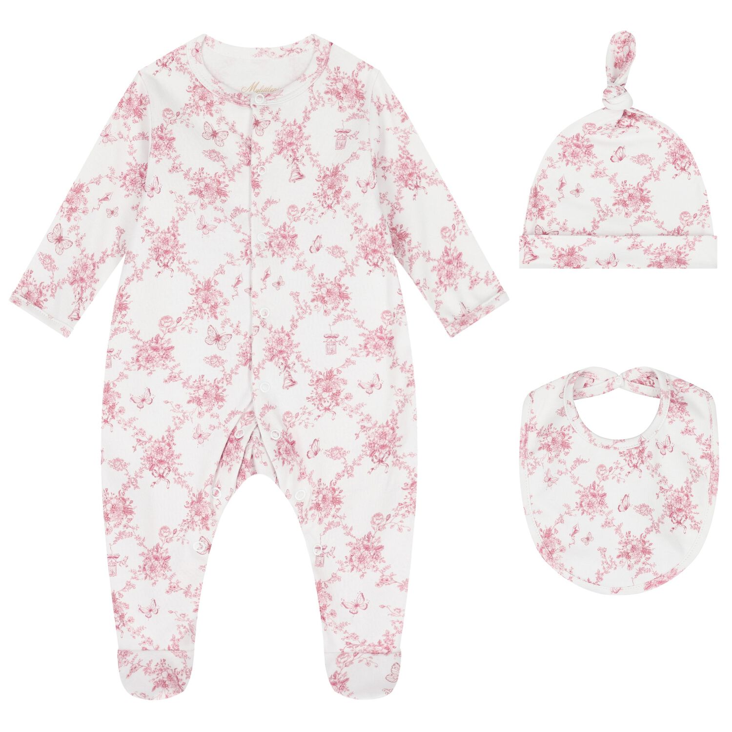 Baby Girls White & Pink Floral & Butterflies Babygrow Set, 1, hi-res image number null