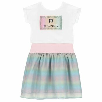 Girls White, Pink & Green Logo Dress Set