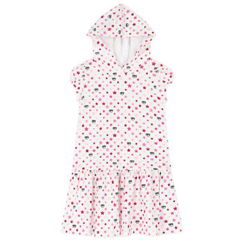 Girls White & Pink Logo Hooded Dress