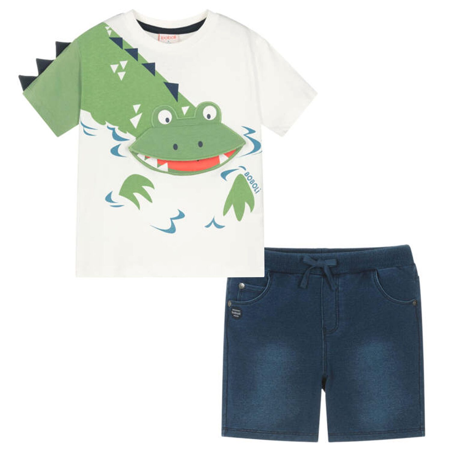 Boys Ivory & Navy Blue Alligator Shorts Set, 1, hi-res