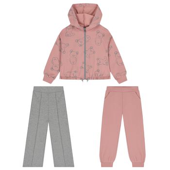 Girls Pink & Grey Teddy Bear 3 Piece Tracksuit