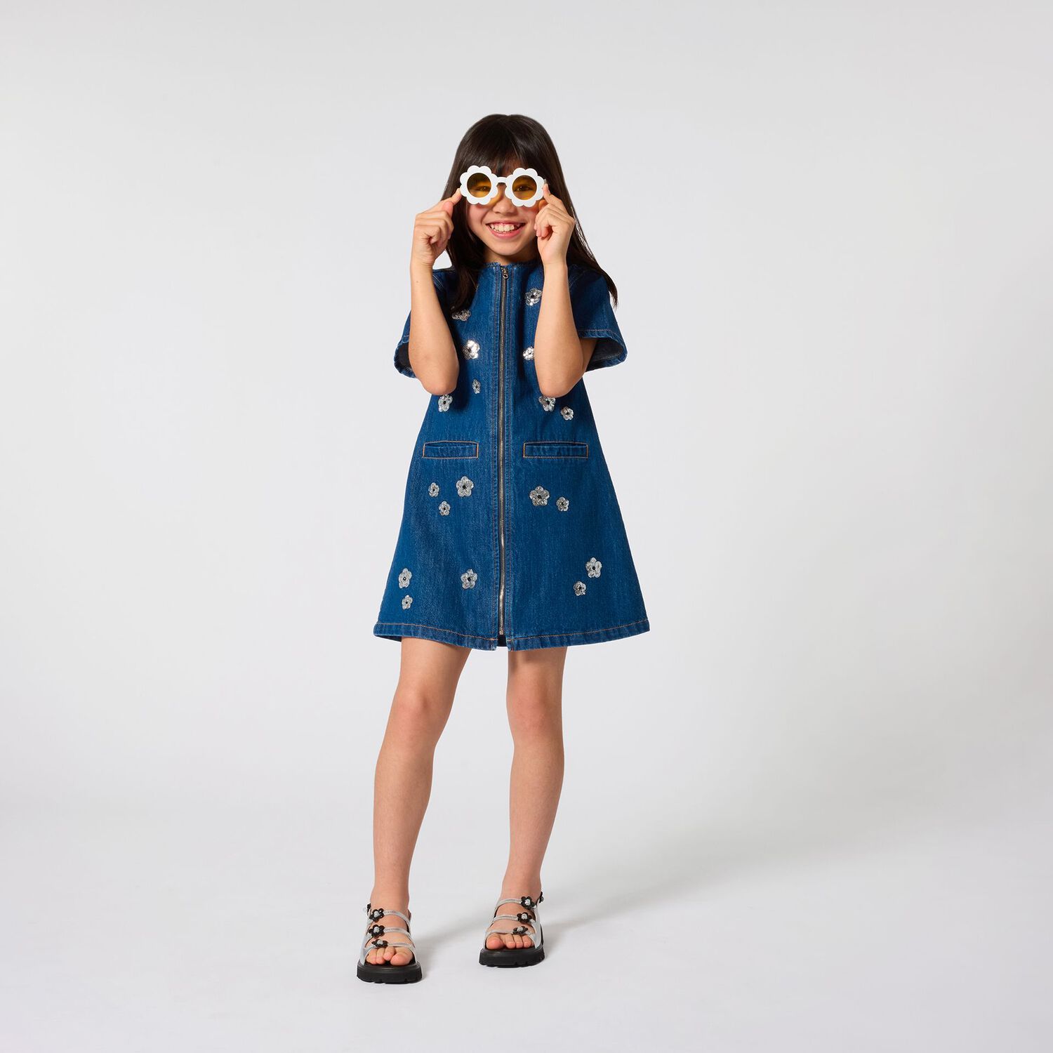 Girls Blue Denim Sequinned Floral Dress, 1, hi-res