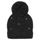 Girls Black Embellished Knitted Beanie Hat, 2, hi-res