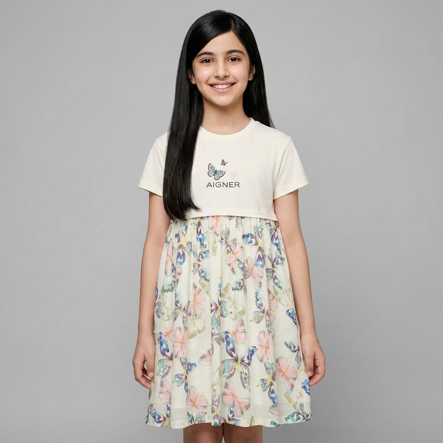 Girls Ivory Butterflies Logo Dress, 1, hi-res