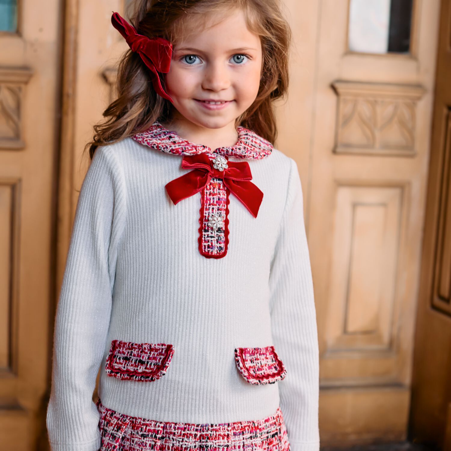 Girls Ivory & Red Tweed Dress , 1, hi-res