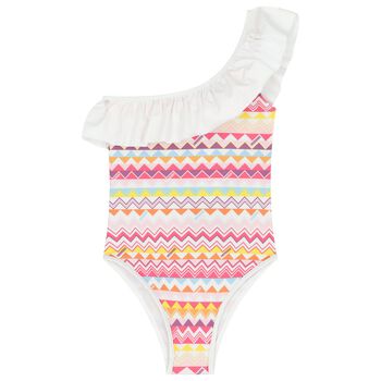Girls White & Pink Zig Zag Swimsuit