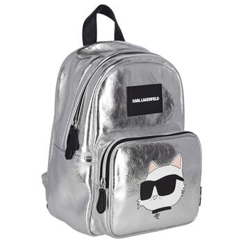 Girls Metallic Silver Logo Backpack