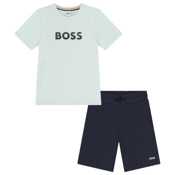 Boys Mini Me White & Navy Blue Logo Shorts Set