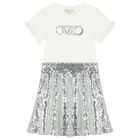 Girls Ivory & Silver Sequin Logo Embellished Dress, 1, hi-res