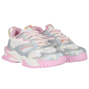 Girls Iridescent Silver, White & Pink Trainers