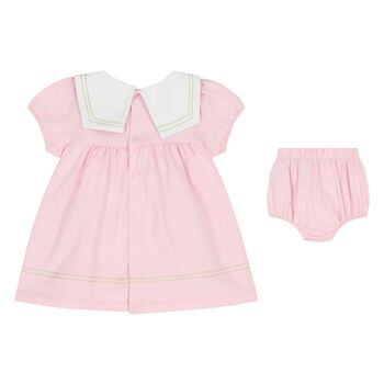 طقم فستان وردي وأبيض بشعار للبنات الصغيرات