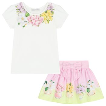 Girls White & Pink Floral Skirt Set