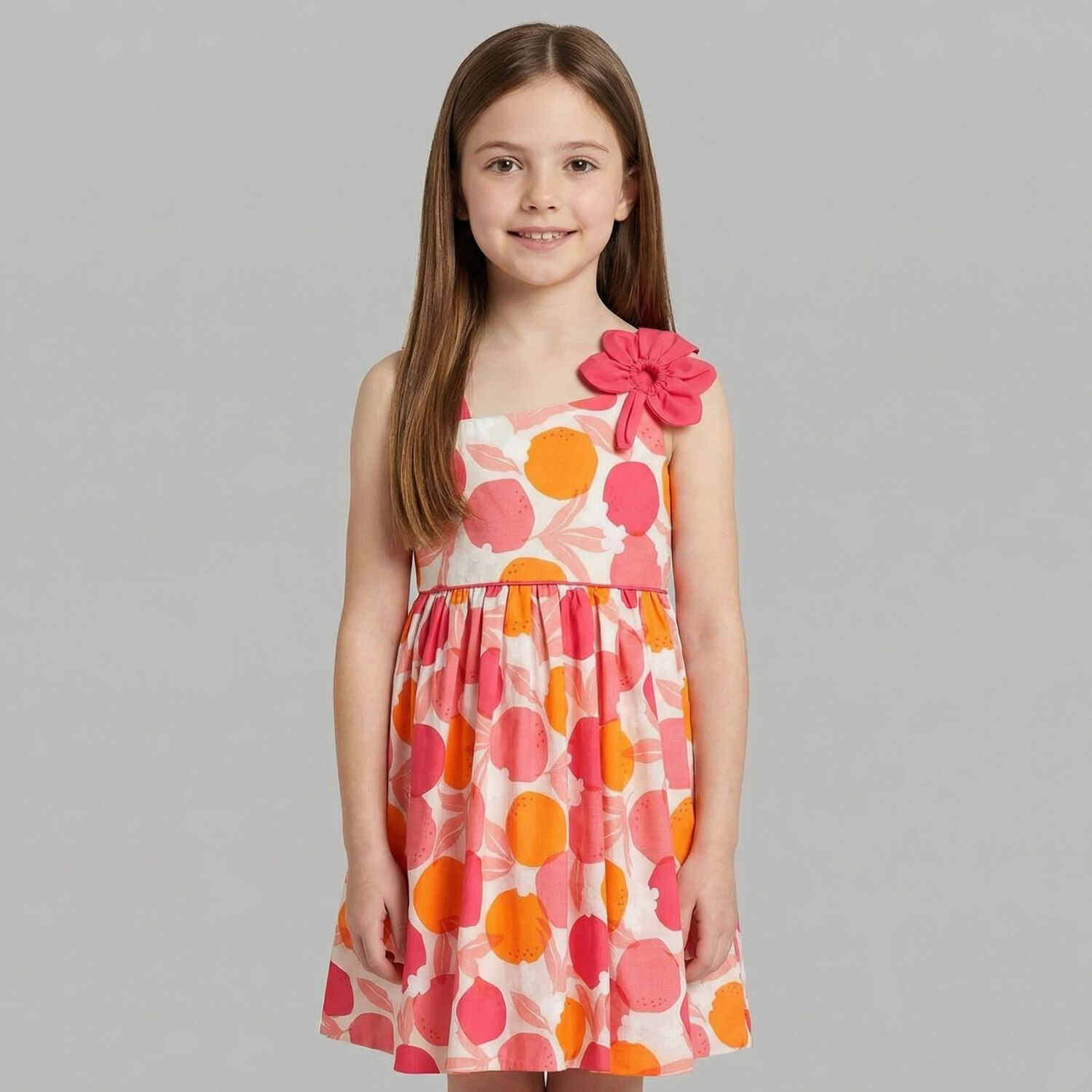 Girls Pink & Orange Flower Dress, 1, hi-res