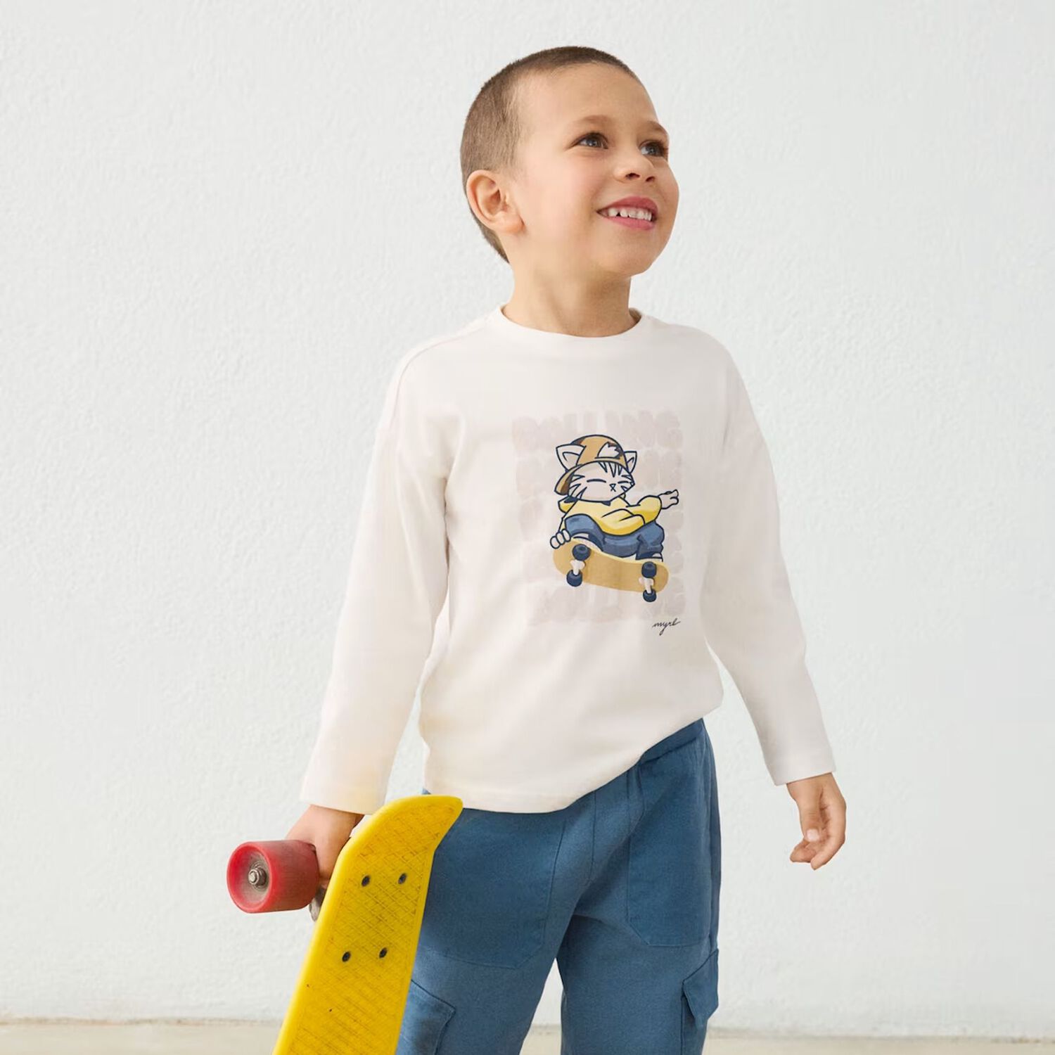 Boys Ivory Cat Long Sleeve Top, 2, hi-res