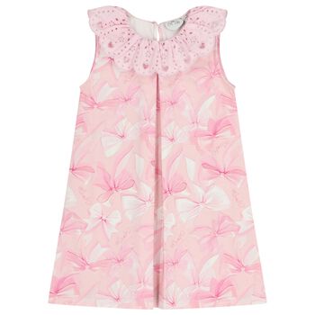 Girls Pink Bow Broderie Anglaise Dress