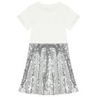 Girls Ivory & Silver Sequin Logo Embellished Dress, 1, hi-res