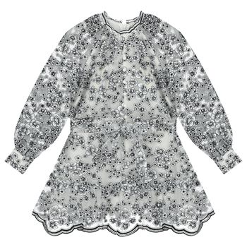 Girls White & Black Embroidered Floral Dress