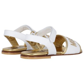 Girls White & Gold Leather Logo Sandals