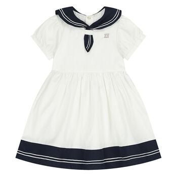 Younger Girls White & Navy Blue Logo Dress