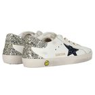 Girls White Leather & Glitter Super-Star Logo Trainers, 1, hi-res
