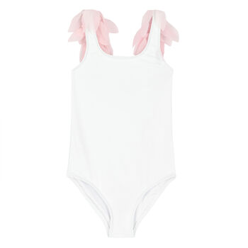Girls White & Pink Petal Swimsuit