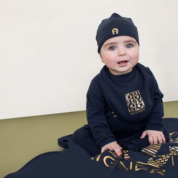Baby Boys Navy Blue & Gold Logo Babygrow