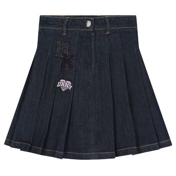 Girls Navy Blue Logo Denim Pleated Skirt