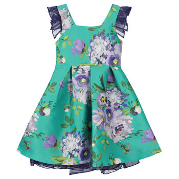 Girls Green & Purple Floral Satin Dress