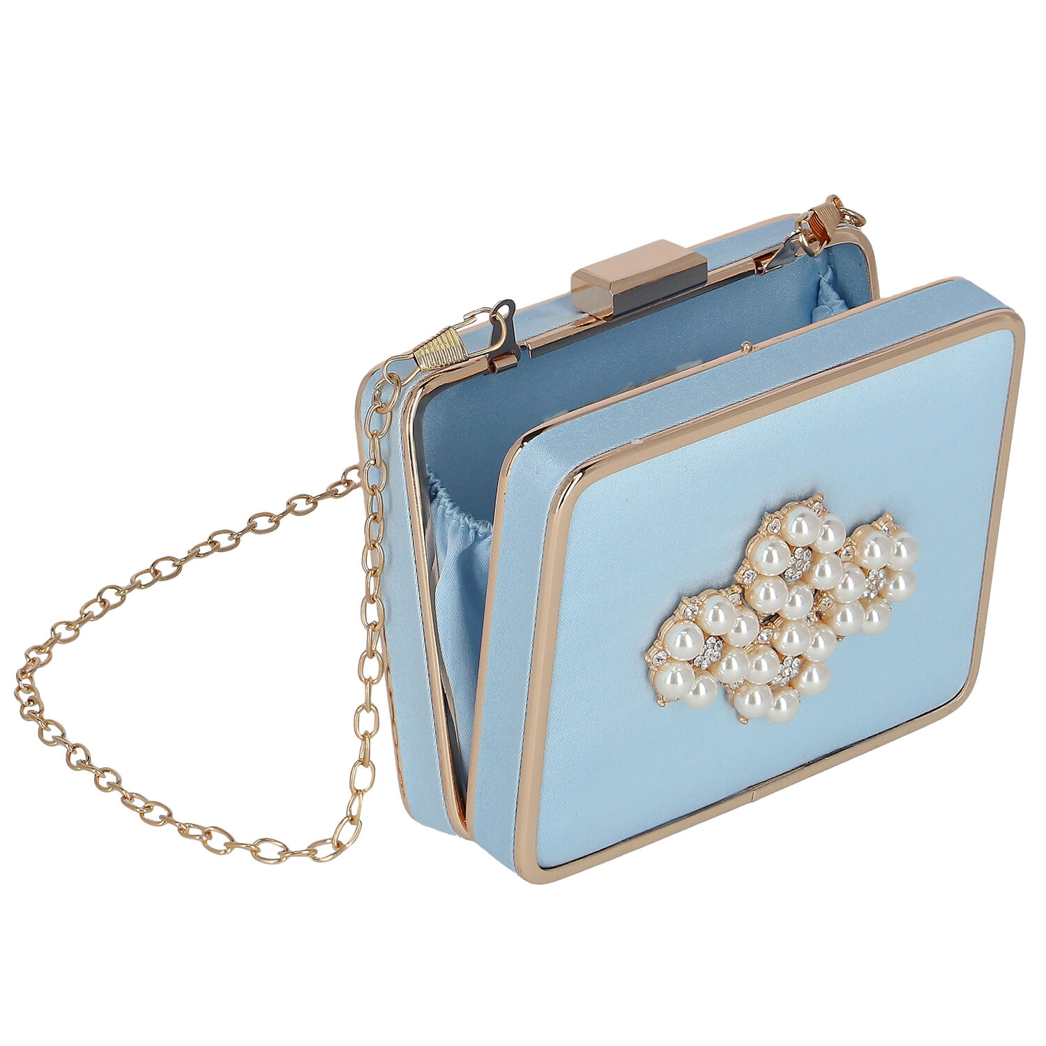 Girls Blue & Gold Embellished Satin Bag, 1, hi-res