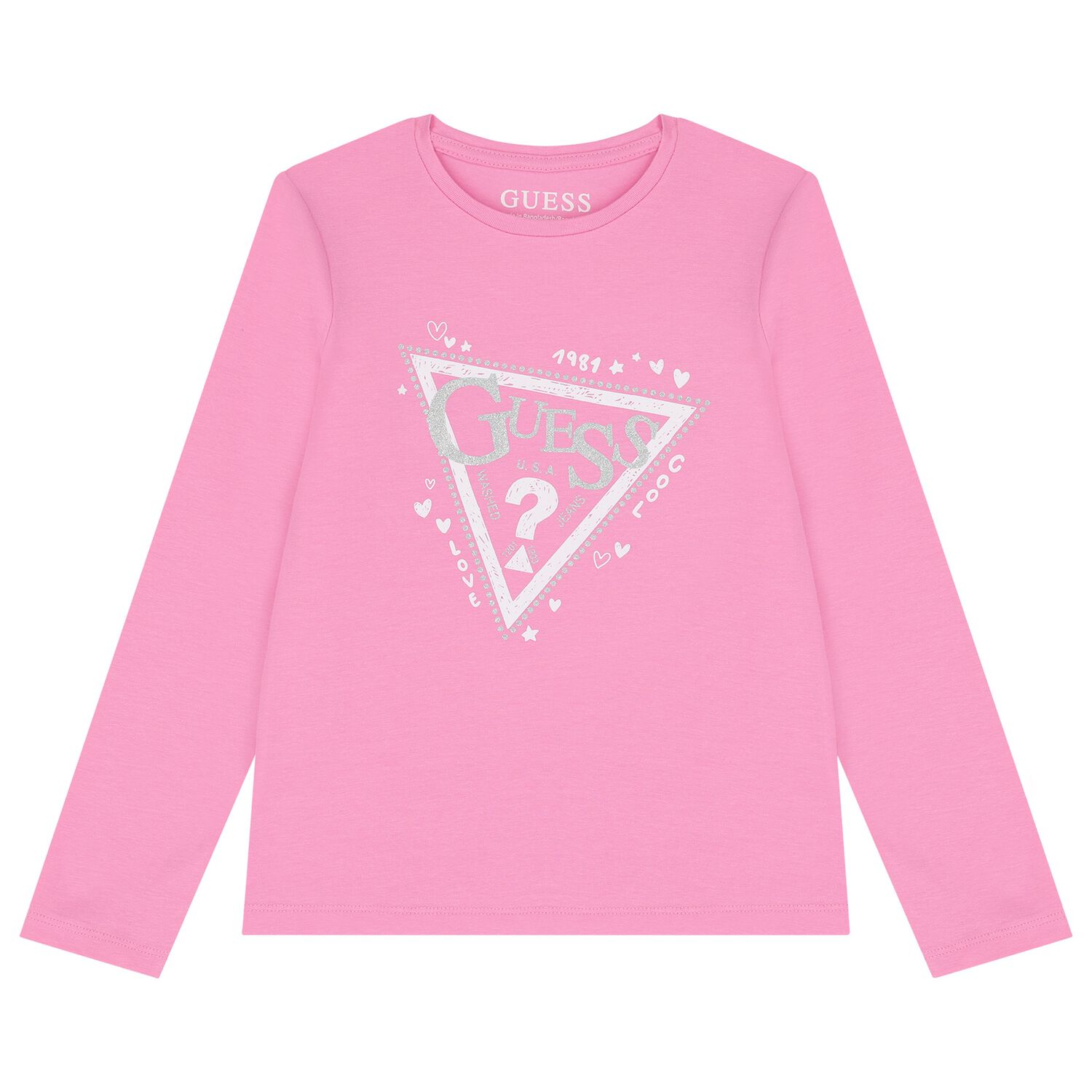 Girls Pink Glittery Logo Long Sleeve Top, 2, hi-res