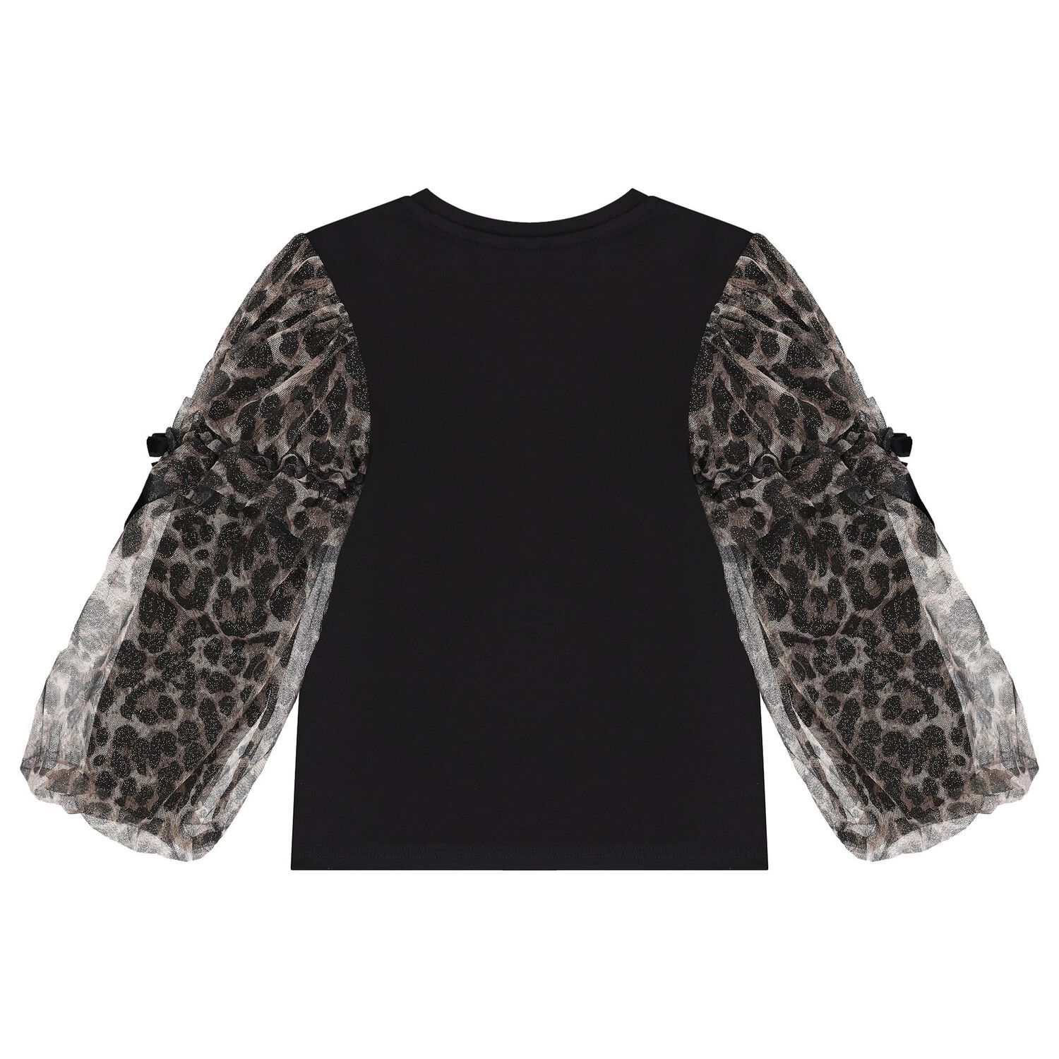 Girls Black Leopard Tulle Long Sleeve Top, 1, hi-res