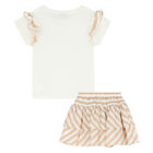 Girls White & Beige Striped Skirt Set, 1, hi-res