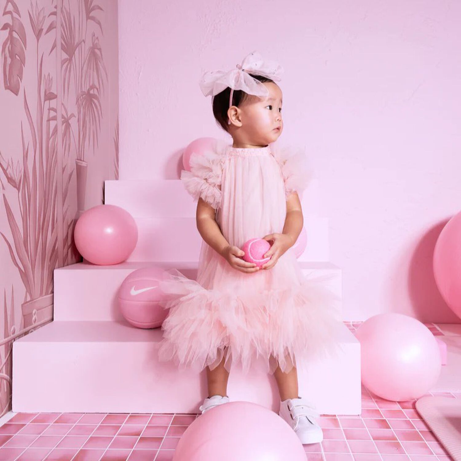 طقم فستان تول بنات مكشكش باللون الوردي , 1, hi-res