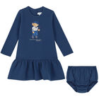 Baby Girls Blue Polo Bear Dress Set, 1, hi-res