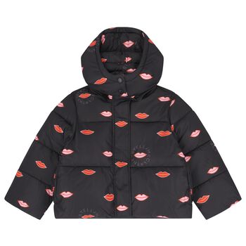 Girls Black Lips & Logo Puffer Jacket 