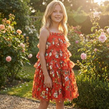 Girls Red Ruffled Tulle Dress