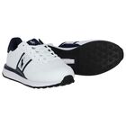 Boys White & Navy Blue Logo Trainers, 1, hi-res