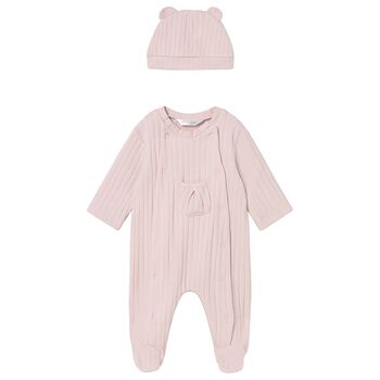 Baby Girls Pink Ribbed Babygrow & Hat Set