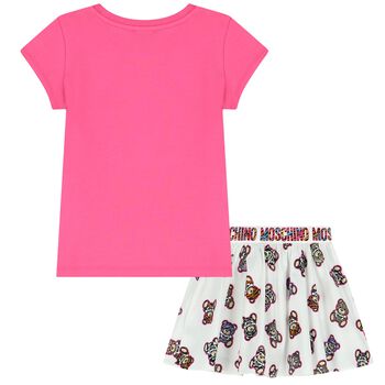 Girls White & Pink Teddy Bear Logo Skirt Set