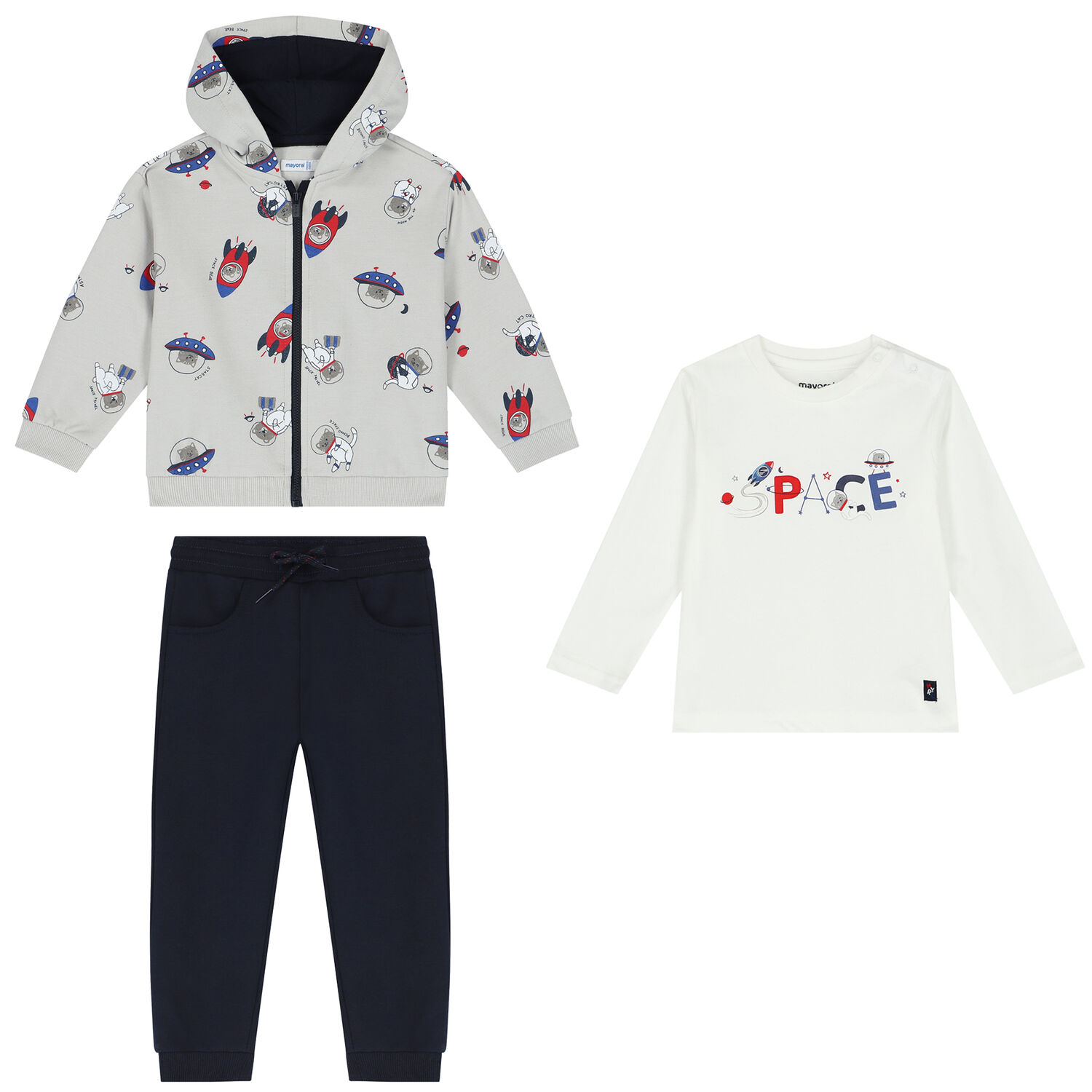 Younger Boys White, Grey & Navy Blue 3 Piece Tracksuit, 1, hi-res