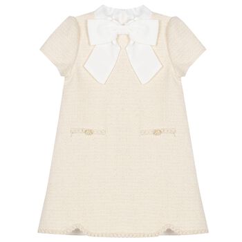 Girls Beige & White Bow Tweed Dress