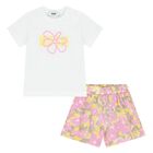 Younger Girls White & Pink Logo Shorts Set, 1, hi-res