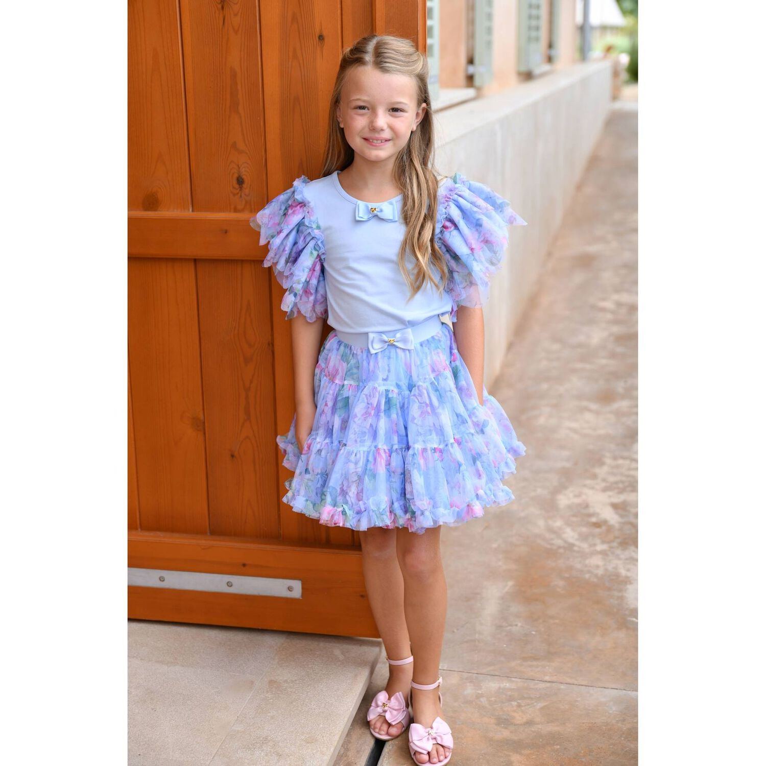 Girls Blue Floral Tulle Top, 1, hi-res