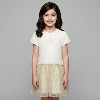 Girls Ivory & Gold Logo Dress