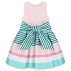 Girls Pink Bow Striped Dress, 1, hi-res