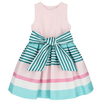 Girls Pink Bow Striped Dress