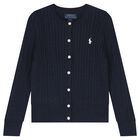 Girls Navy Blue Cable Knit Cardigan, 1, hi-res